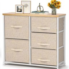 Chest of Drawers, Fabric Storage Drawers with Wood Top and Large Storage Space, Easy to Install Room Organizer, Vertical Chest of 5 Drawers Bedroom, Living Room, Nursery Room, Hallway, etc
