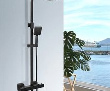 Thermostatic Shower Mixer Set, Thermostat Shower Rail System with Adjustable Rainfall Shower Head, Scalding Protection Bath Tap, Anti-Kink Shower Hose (Square, Matte Black)