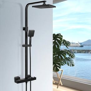 Thermostatic Shower Mixer Set, Thermostat Shower Rail System with Adjustable Rainfall Shower Head, Scalding Protection Bath Tap, Anti-Kink Shower Hose (Square, Matte Black)