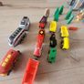 wooden train play set with two electric locomotives and lots of parts Image 2