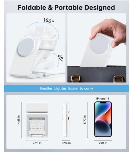 3 in 1 Foldable Magnetic Wireless Charging Station with PD 20W USB-C Adapter, Compatible with MagSafe