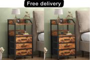 Bedside 2 Table with 3 Fabric Drawers &amp; Open Shelf