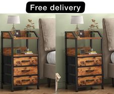 Bedside 2 Table with 3 Fabric Drawers & Open Shelf