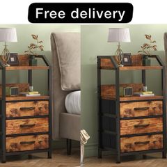 Bedside 2 Table with 3 Fabric Drawers & Open Shelf
