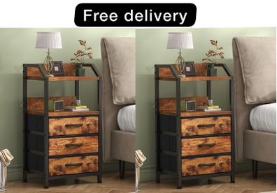 Bedside 2 Table with 3 Fabric Drawers & Open Shelf