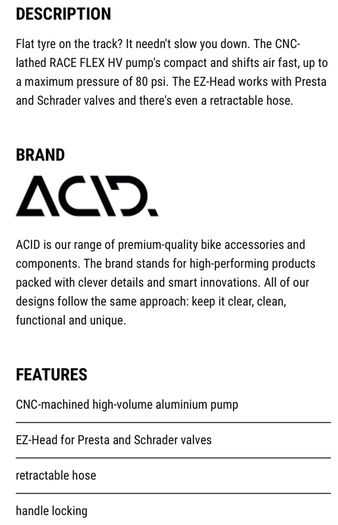 Cube acid race HV mini pump for shredder & presta valves