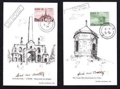 1978 Ireland Europa Architecture Commemorative Stamps Maximum Cards signed by designer Aine McCarthy with First Day Cover (FDC) cancel from Inis (Ennis, Co. Claire)