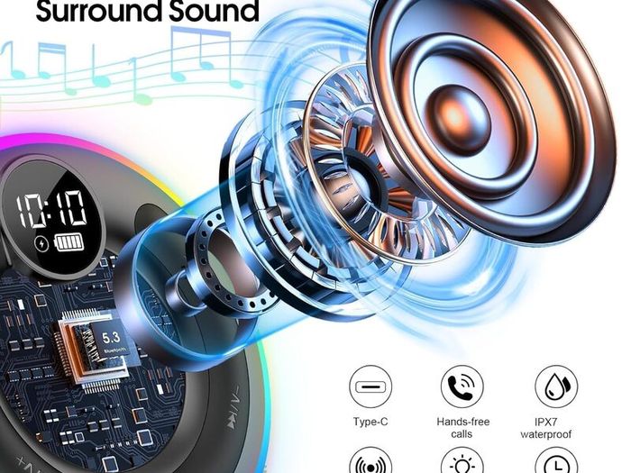 Bluetooth Shower Speaker, 2025 Portable Bluetooth Speaker 5.3 with Time Display, IPX7 Waterproof with Suction Cup, RGB Lights, Stereo Bass, Wireless for Bathroom/Party/Travel/Outdoor, Black