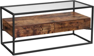 TV Stand for TVs up to 55 inches, TV Shelf, TV Stand, Lowboard, Glass Table, 2 Drawers, Living Room, Bedroom, Tempered Glass, Industrial Design, Vintage Brown/Black