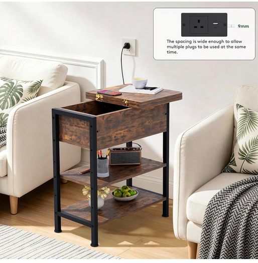 Side Table with Charging Station, Small Flip Top Narrow Sofa End Table with USB Ports, Type C Ports and Outlets, with Storage, 3-Tier, for Living Room, Bedroom, Brown