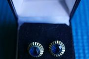 Vintage Rolled Gold round blue cabochon Ridge swirl Stud earrings