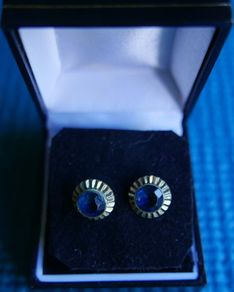 Vintage Rolled Gold round blue cabochon Ridge swirl Stud earrings