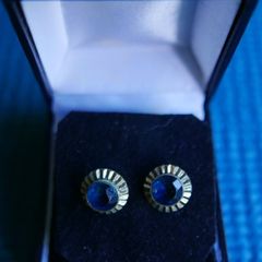 Vintage Rolled Gold round blue cabochon Ridge swirl Stud earrings
