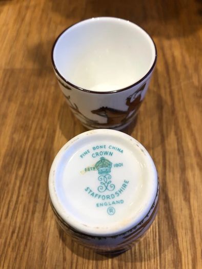 Vintage Crown Staffordshire Hunting Scene Bone China Egg Cups Pair - Perfect Condition