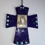 Blue Glass Cross with Silver Medallion Image 2