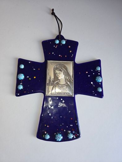 Blue Glass Cross with Silver Medallion