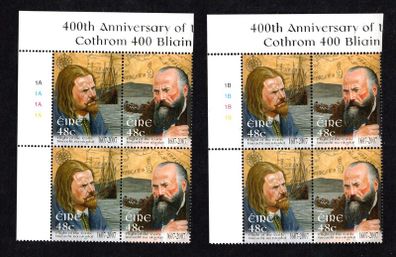 2007 Ireland 400th Anniversary of the Flight of the Earls Commemorative Stamps Plate Block 1A1A1A1A & 1B1B1B1B Mint Never Hinged (MNH)