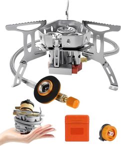 3 Burner Folding Camping Gas Stove 6800W with Piezo Ignition, Backpacking Stove Windproof Portable Camping Stove with Adapters for Outdoor Cooking, Hiking, Fishing and BBQs