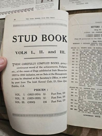 Catalogues Of The 10th & 11th Irish Kennel Club Shows 1931-32. Plus To Stud Cards For Dogs. Paperbacks In Only Fair Condition.  See Photos For Same.