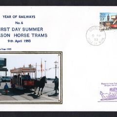 1993 Isle of Man Cover showing Year of Railways No 6 first Day Summer Season Horse Trams tying 23p definitive stamp