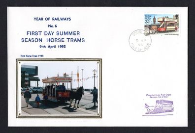 1993 Isle of Man Cover showing Year of Railways No 6 first Day Summer Season Horse Trams tying 23p definitive stamp