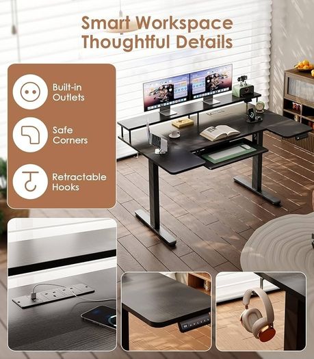 Standing Desk, 140cm U Shaped Height Adjustable Desk with Monitor Stand, Electric Sit Stand Rising Table with Sockets, Gaming Computer Table with LED Light for Home Office Workstation, Black