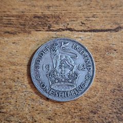 Great Britain UK 1942, One Shilling, George VI, English Crest, Silver Coin - free standard postage