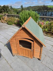Wooden pet house with green felt roof