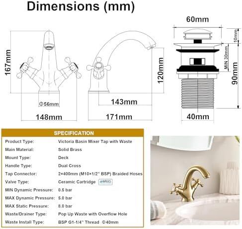 Golden Bathroom Sink Tap for Basin with Pop Up Sink Plug Dual Cross Lever Gold Brass Swan Neck Bathroom Tap Mixer Traditional Basin Mixer Tap