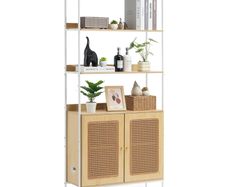 Rattan Bookshelf, Ladder Shelf with 2 Doors, Rectangle Freestanding Open Storage Bookcase