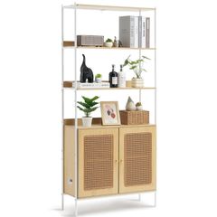 Rattan Bookshelf, Ladder Shelf with 2 Doors, Rectangle Freestanding Open Storage Bookcase