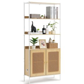 Rattan Bookshelf, Ladder Shelf with 2 Doors, Rectangle Freestanding Open Storage Bookcase