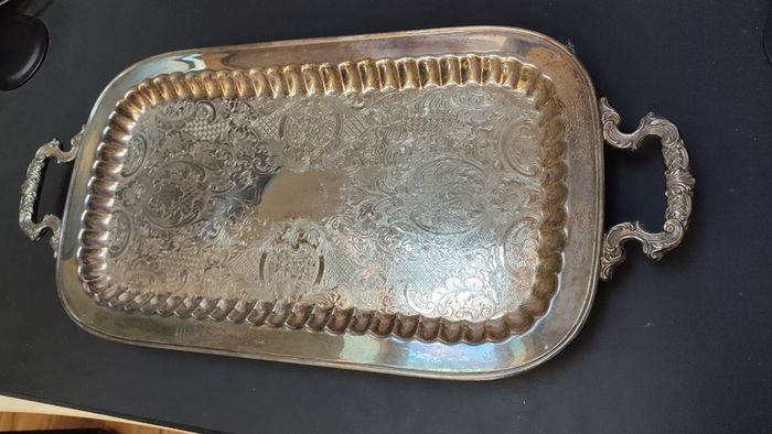 Vintage Silver Plated Butlers Serving Tray Platter Claw Footed 24 inch x 12 inch Leonard English