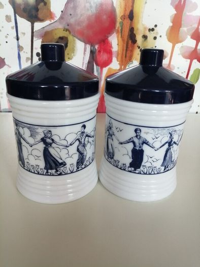 Dutch Opaque White Glass Jars x 2