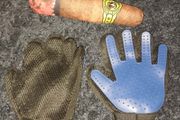 A pair of pet grooming and deshedding glove and Cigar designed toy for dogs