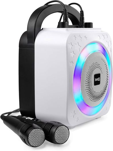 NEW SALE | 8-Watt Rechargeable Bluetooth Karaoke Machine with Two Microphones, Voice Changing Effects & LED Lights