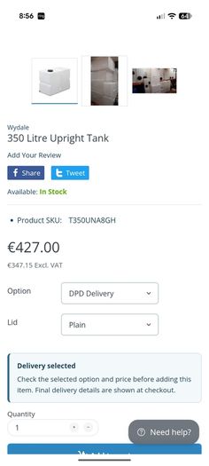 350 Litre Upright Baffled water Tank