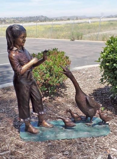Bronze girl with ducks water feature