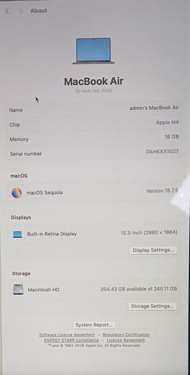 APPLE MacBook Air 15" (2025) - M4, 256 GB SSD, Midnight Maximum capacity :100% Cycle count: 91