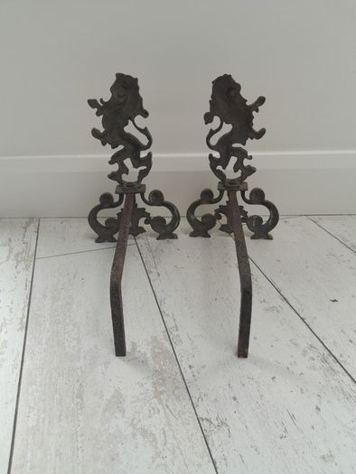 19th Century Cast Brass Rampant Lions Andirons