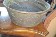 Antique Copper Cauldron, circa 19th to early 20th century. It features prominent riveted iron handles on each side and displays an authentic verdigris patina,. Postage Available