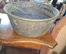 Antique Copper Cauldron, circa 19th to early 20th century. It features prominent riveted iron handles on each side and displays an authentic verdigris patina,. Postage Available