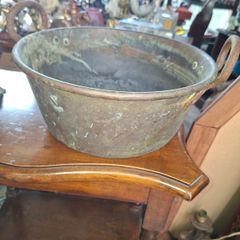 Antique Copper Cauldron, circa 19th to early 20th century. It features prominent riveted iron handles on each side and displays an authentic verdigris patina,. Postage Available