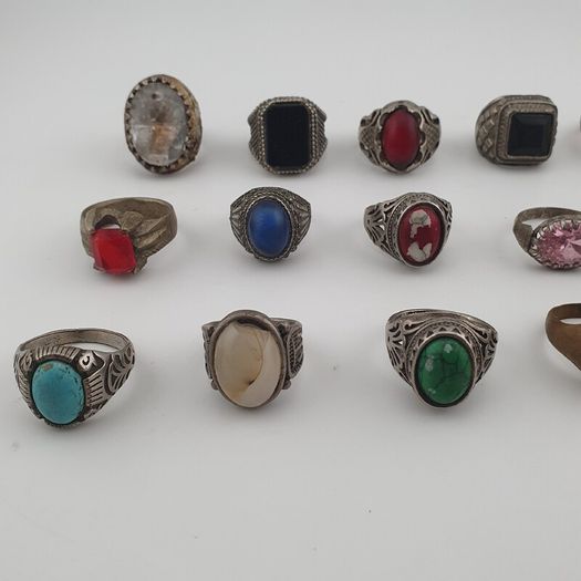 Antique Rings Lot 15 Mixed Brass, Stone & Glass Rings