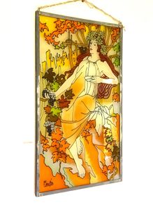 Vintage Art Nouveau Style Hand Painted and stained glass Glass Panel