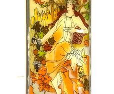 Vintage Art Nouveau Style Hand Painted and stained glass Glass Panel