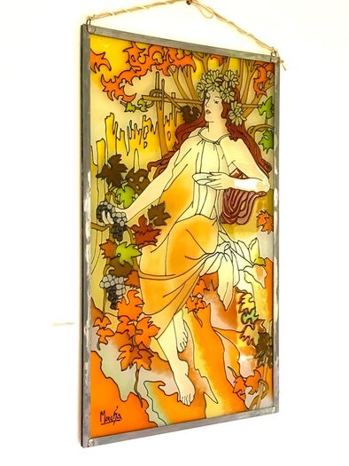 Vintage Art Nouveau Style Hand Painted and stained glass Glass Panel