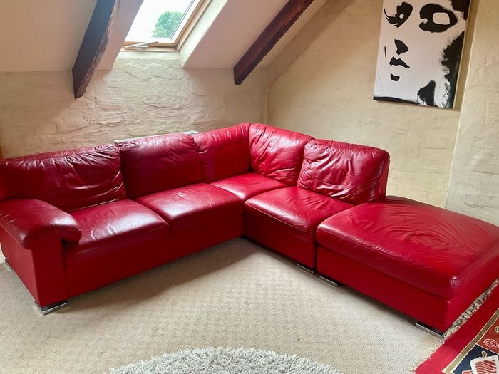 Genuine Leather Sofa & Poof