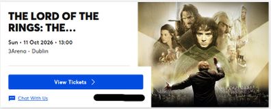 3 x Lord of the Rings Tickets - 3 Arena