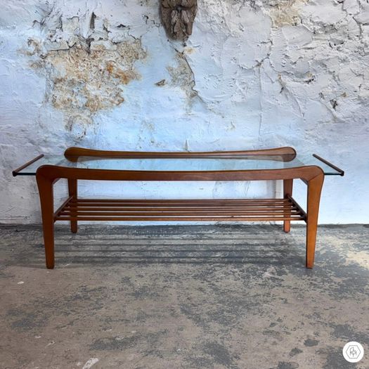 Solid Teak & Glazed Glass Coffee Table With Magazine Rack